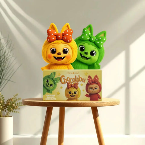 Two colorful cartoon characters with bows on a wooden table with a white background